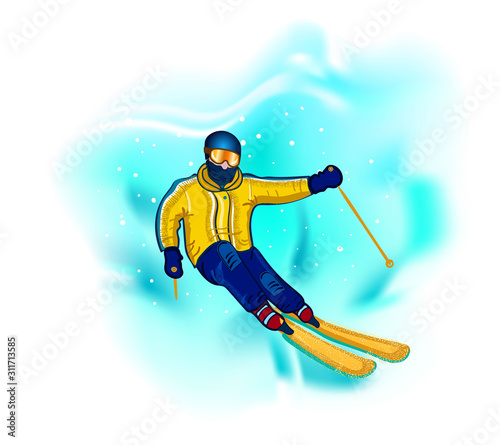 Cartoon skier isolated. Skiing sportsman character in ski suit vector illustration. Wall stickers