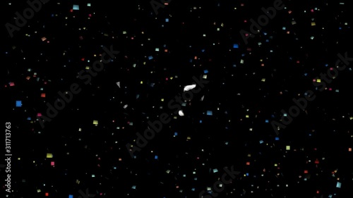2020 white text animation on colorful confetti falling background.