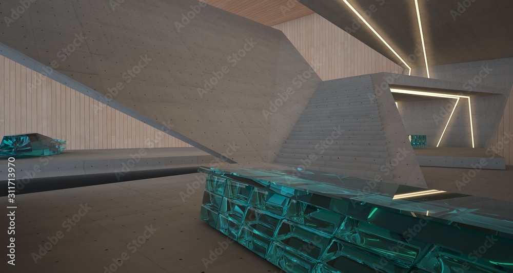 Fototapeta premium Abstract architectural concrete, wood and glass interior of a minimalist house with swimming pool and neon lighting. 3D illustration and rendering.