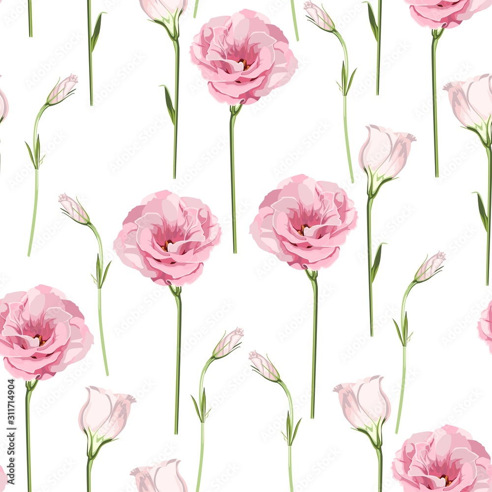 Floral Seamless Pattern with pink eustoma spring flowers and leaves. Spring Blooming Flowers on white Background.