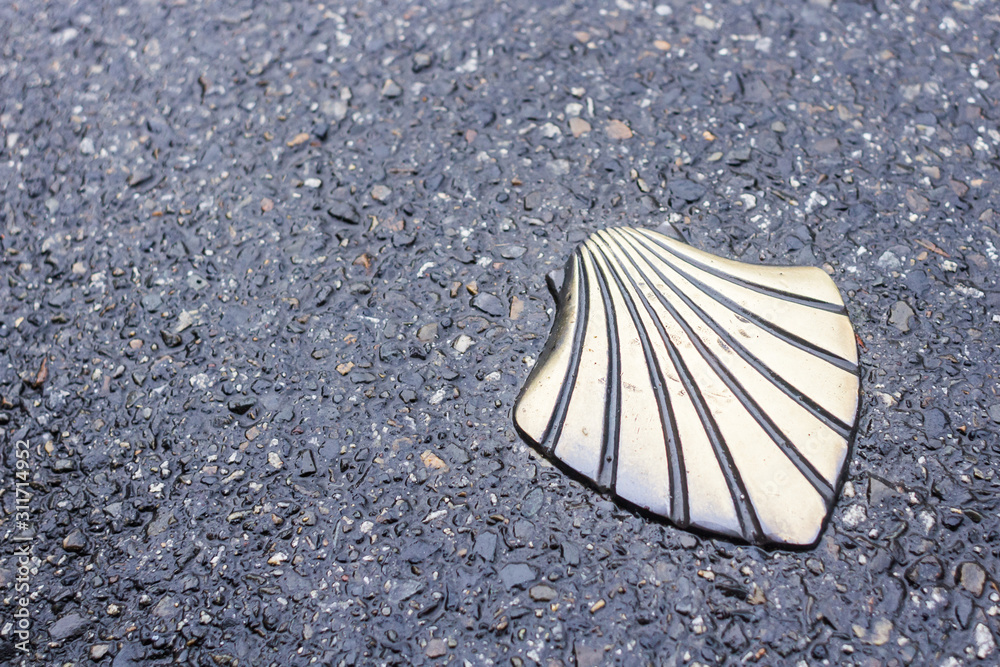 Way of St. James. Camino de Santiago. Pilgrim's road. Hiking in Europe. Shell symbol. A sign indicating the direction. Symbol on the way. Way of St. James. Camino de Santiago. Pilgrim's road. Hiking in Europe. Shell symbol. A sign indicating the direction. Symbol on the way.