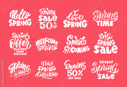 Spring sale promo lettering vector logos set.