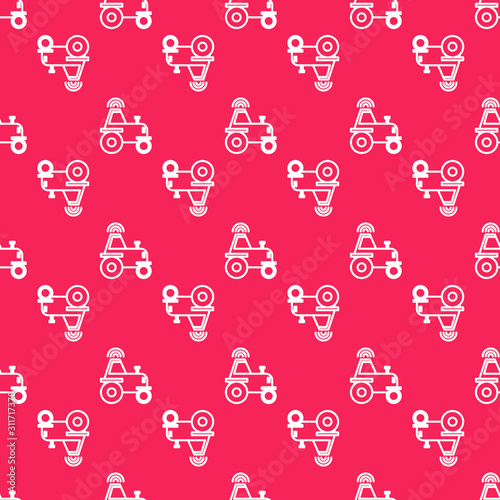 White line Self driving wireless tractor on a smart farm icon isolated seamless pattern on red background. Smart agriculture implement element. Vector Illustration