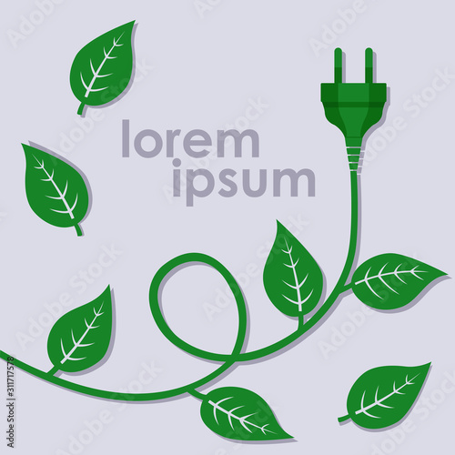  Green electric wire with a plug and leaves on it. Environmental conceptual background with copy space. Eco friendly world concept. Vector illustration, flat design.