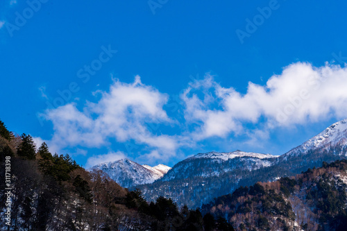 Snow capped mountains and forrest in Japan