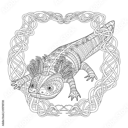 Coloring page with axolotl in patterned style.