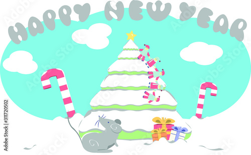 new year of rat 2020 with tree and gifts