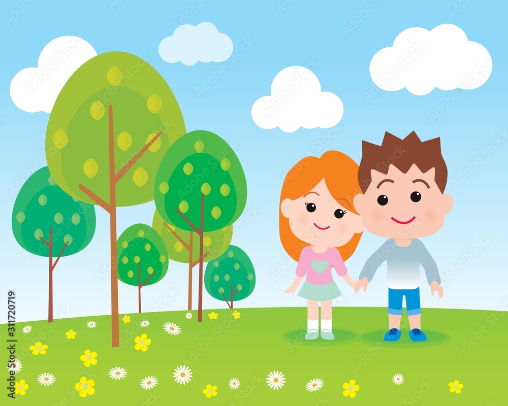 Cute love couple walking at the park. hold hand happy and smile. vector illustration isolated cartoon hand drawn background landscape