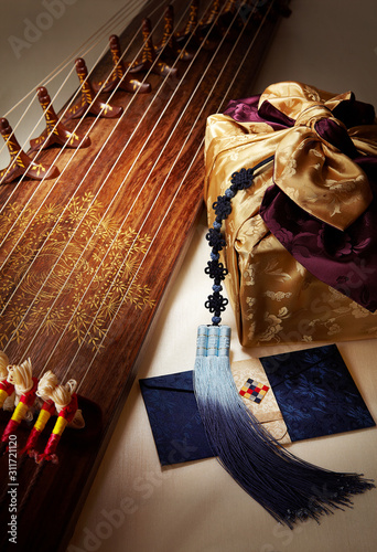 Korean traditional gifts and gayageum. gayageum is a Korean traditional musical instrument.