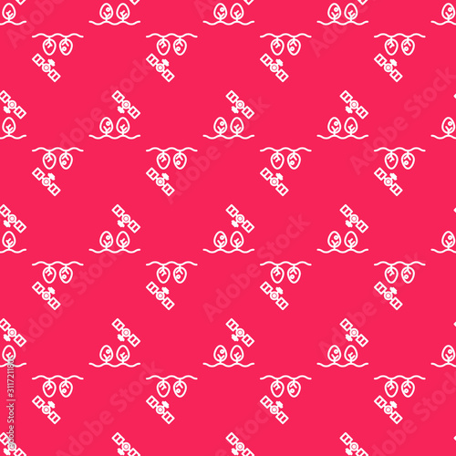 White line Smart farm with drone control and tree icon isolated seamless pattern on red background. Innovation technology for agricultural company. Vector Illustration