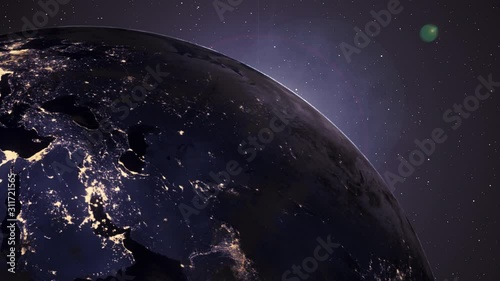 Video Footage of View angle Beautiful Sunrise over the Earth.Changing from City light Night to Day time.3D Motion graphic Rising Shining.3D Rendering animation using satellite imagery (NASA).4K.Ultra