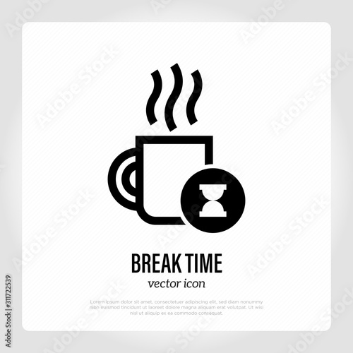 Break time thin line icon. Cup of hot coffee and hourglass symbol. Vector illustration.