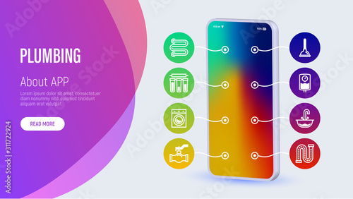Plumbing web page template with copy space. Mobile app on smartphone with thin line icons in circles: Water meter, sink, water filter, faucet, washing machine, siphon, pipe. Vector illustration.