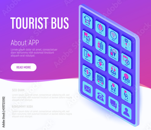 Tourist bus web page template. Buttons on tablet with thin line isometric icons. Free wi-fi, schedule, emergency exit, tourist route, audio guide, luggage, refund, double decker. Vector illustration.