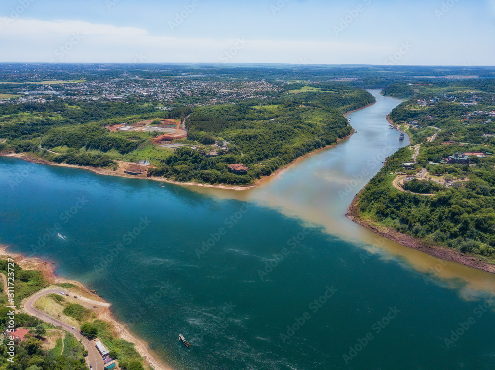 Aerial view of the landmark of the three borders (hito tres fronteras), Paraguay, Brazil and Argentina in the Paraguayan city of Presidente Franco near Ciudad del Este..