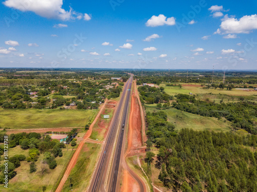 Aerial view of the new Route 7 (Ruta 7) from Caaguazu to Ciudad del Este in Paraguay, which has been expanded to four lanes.