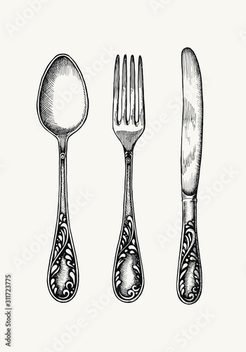 Silverware. Vintage spoon, fork and knife.