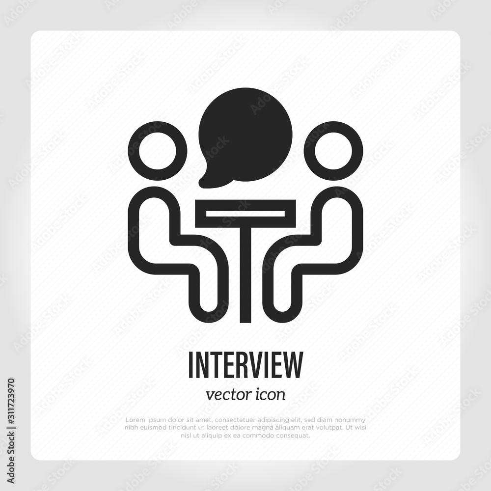 Interview or business meeting symbol. Thin line icon. Two people at desk are speaking. Brainstorming or briefing. Vector illustration. Interview or business meeting symbol. Thin line icon. Two people at desk are speaking. Brainstorming or briefing. Vector illustration.