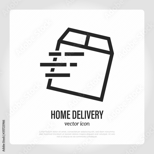 Fast home delivery. Flying box. Thin line icon. Small business. Vector illustration of quickly shipping of package.