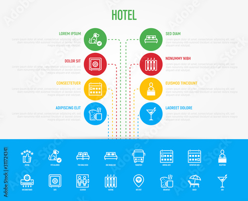 Hotel infographics template with copy space and thin line icons: rating, pet allowed, single bed, double bed, elevator, arrival date, departure date, heating, breakfast, bar. Vector illustration.
