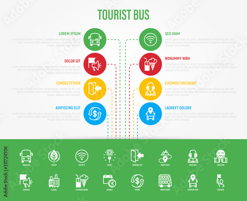 Tourist bus infographic with thin line icons: free wi-fi, schedule, emergency exit, tourist route, departure point, socket, audio guide, double decker. Template with copy space. Vector illustration.