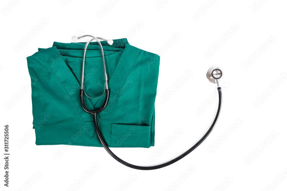 A white background surgical suit and stethoscope. A white background surgical suit and stethoscope.
