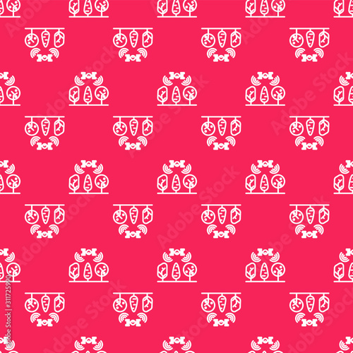 White line Smart farm with drone control and tree icon isolated seamless pattern on red background. Innovation technology for agricultural company. Vector Illustration