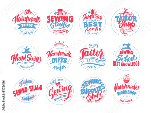 Set of Tailor, sewing, handmade emblems, logos, phrases, stamps, labels, badges, stickers. Colorful lettering compositions for shop, postcard, etc. Vector illustration 