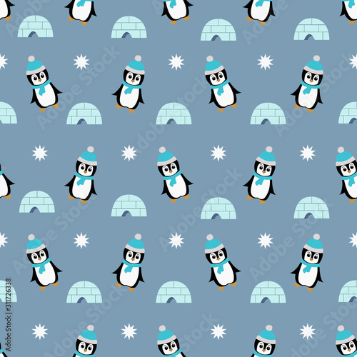 Cartoon penguins and igloo seamless pattern. Vector illustration.