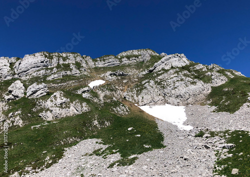 Schiberg Mountain above the valley Wagital and alpine Lake Wagitalersee (Waegitalersee), Innerthal - Canton of Schwyz, Switzerland photo