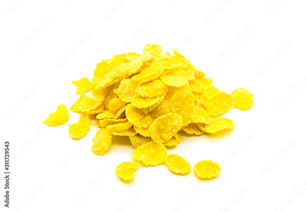 Cornflakes isolated close up. Pile of corn flakes on white background Cornflakes isolated close up. Pile of corn flakes on white background