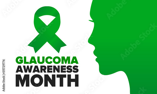 Glaucoma Awareness Month. Celebrate annual in January. Vision problems. Save your eyes. Prevention and protection. Green ribbon. Medical healthcare concept. Poster, banner and background. Vector