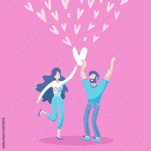 Smiling man and woman looking at each other with love and holding heart in hands and around. Trendy flat cartoon characters. love and romance card for Valentine s day. Flat vector illustration