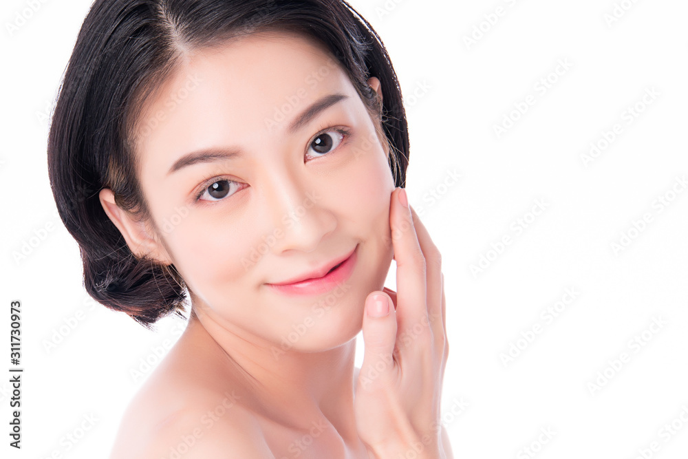 Beautiful Young Asian Woman with Clean Fresh Skin. Face care, Facial treatment, on white background, Beauty and Cosmetics Concept. Beautiful Young Asian Woman with Clean Fresh Skin. Face care, Facial treatment, on white background, Beauty and Cosmetics Concept.