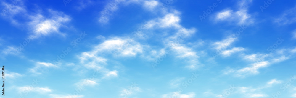 Colorful panoramic landscape: blue sky and fluffy clouds.  (Plane backplate, 3D rendering computer digitally generated illustration.)