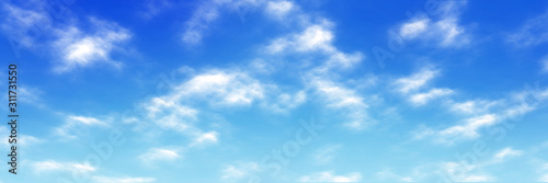 Colorful panoramic landscape: blue sky and fluffy clouds. (Plane backplate, 3D rendering computer digitally generated illustration.)