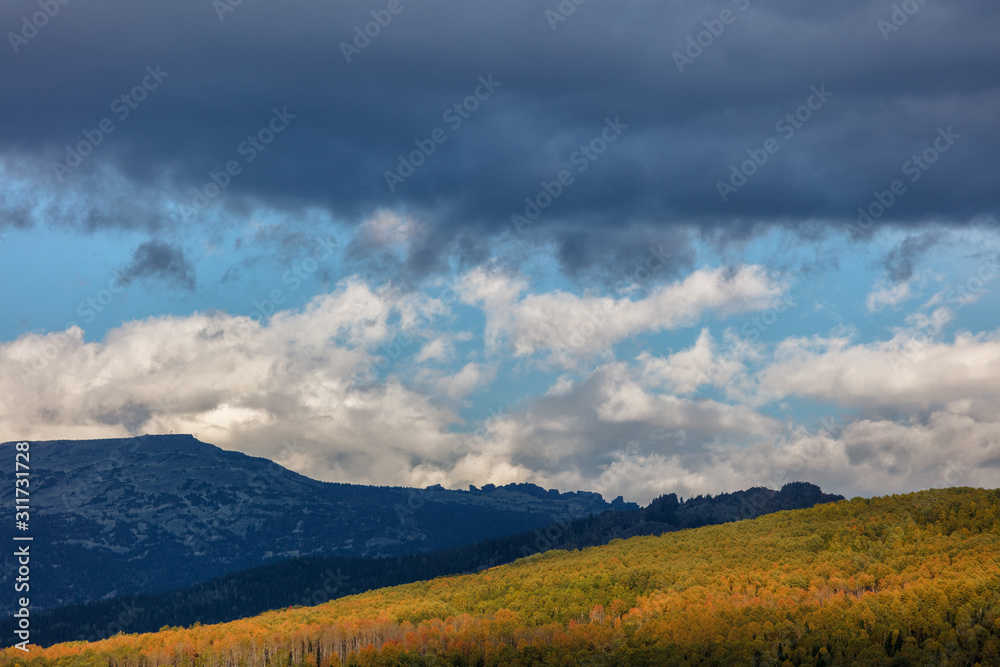 postcard autumn in the mountains. panorama of a mountain valley with contours of highlands and hills. dramatic autumn sky and bright yellow orange colors of the forest