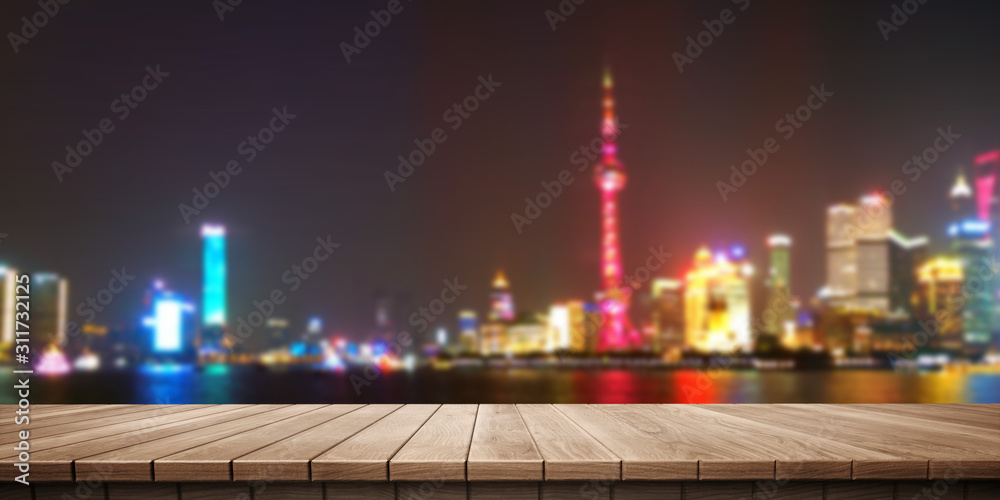 Colorful wooden platform landscape: Huangpu river at night, Shanghai, China.

(3D rendering computer digitally generated illustration.)
