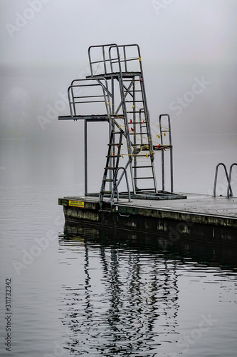 Stockholm, Sweden A diving platform in the fog at Tantolunden park. photo