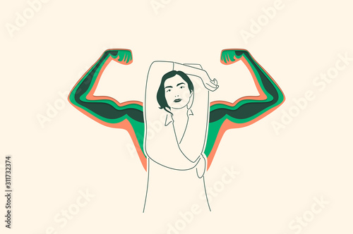 Strong women with arm muscles. Feminism, girl power, International Women's Day concept. Paper cut Vector illustration.