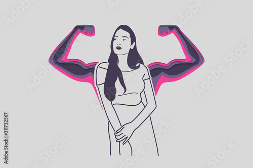 Strong women with arm muscles. Feminism, girl power, International Women's Day concept. Paper cut Vector illustration.