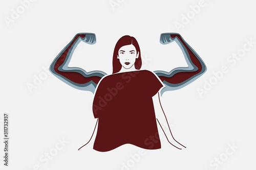 Strong women with arm muscles. Feminism, girl power, International Women's Day concept. Paper cut Vector illustration.