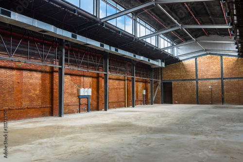 Unmanned  industrial style old warehouse building space.