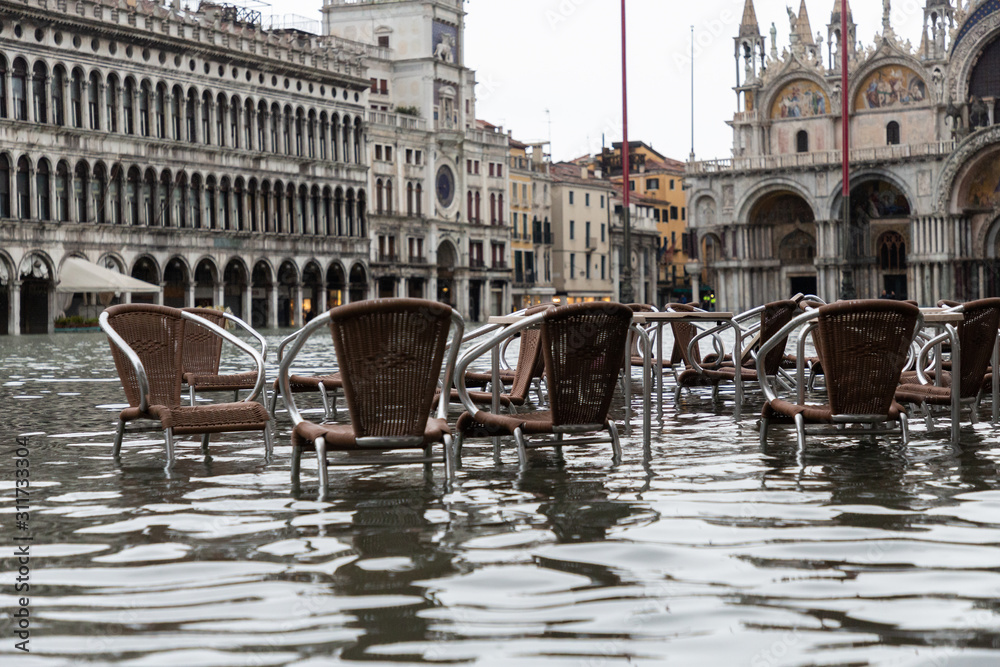 chairs in the flooded San Marco square