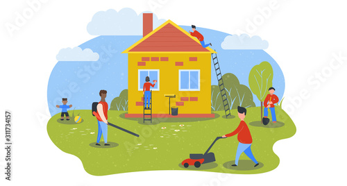 People wash and repair private house. Yard cleaning. Preparing home for sale. Spring cleaning. Painting walls. Cleaning team. Vector stock illustration in flat and cartoon style. White background.