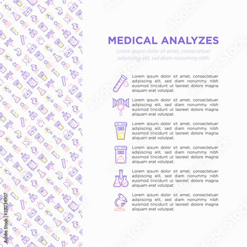 Medical analyzes concept with thin line icons: blood test, urine test, stool, ECG, mammography, sperm, DNA, ultrasound, EEG, X-ray, gastroscopy. Vector illustration for laboratory web page