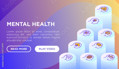 Mental health web page template with thin line isometric icons: mental growth, negative thinking, emotional reasoning, logical plan, obsession, self identity. Modern vector illustration.