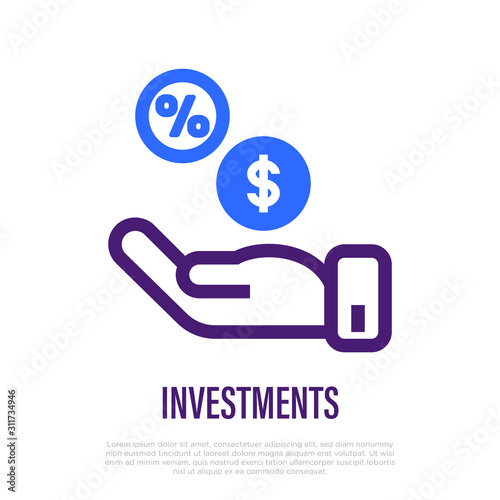 Financial Investment thin line icon. Dollar coin and percentage sign in palm. Donation, financial profit. Vector illustration.