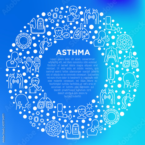 Asthma concept in circle with thin line icons: allergen, dyspnea, cough, wheezing, chest pain, diaphragm, asthma attack, hives, sputum, peak flow meter, inhaler, nebulizer. Modern vector illustration.