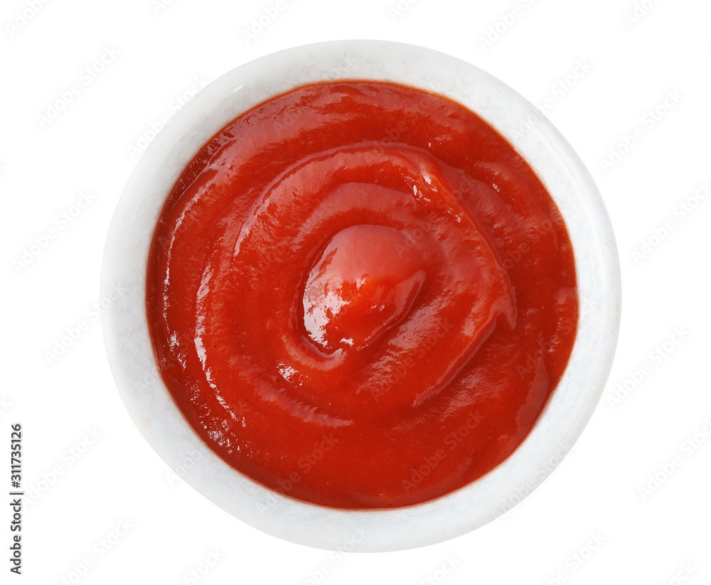 Tasty tomato sauce in bowl isolated on white, top view Tasty tomato sauce in bowl isolated on white, top view